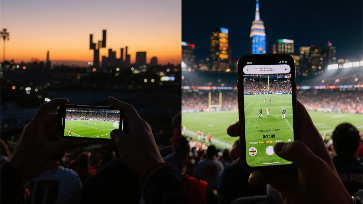 球迷在不同城市用手机查看同一场比赛的本地开球时间，夜景与黄昏对比